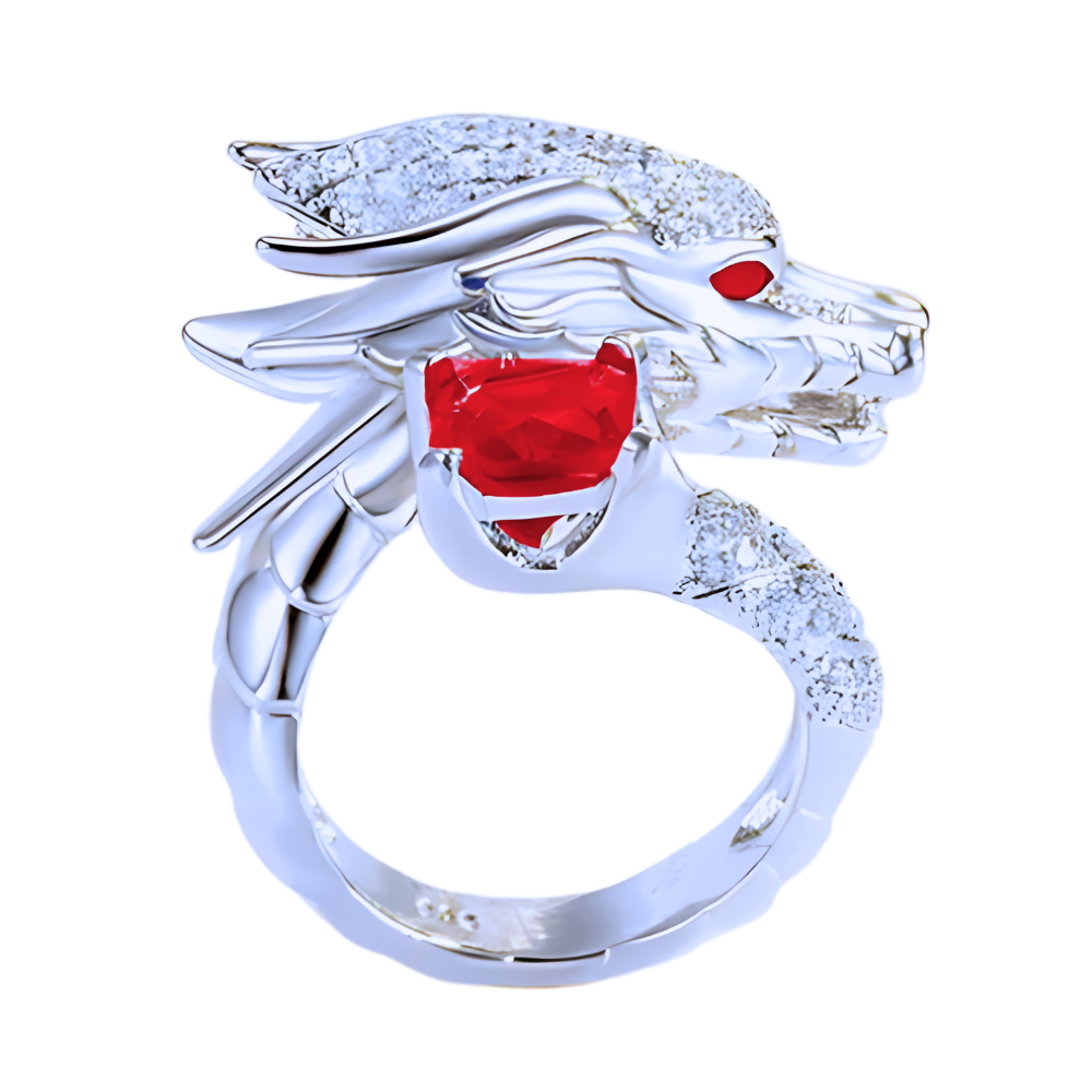 Unique Handmade Silver Dragon Ring -Red - Ozerty